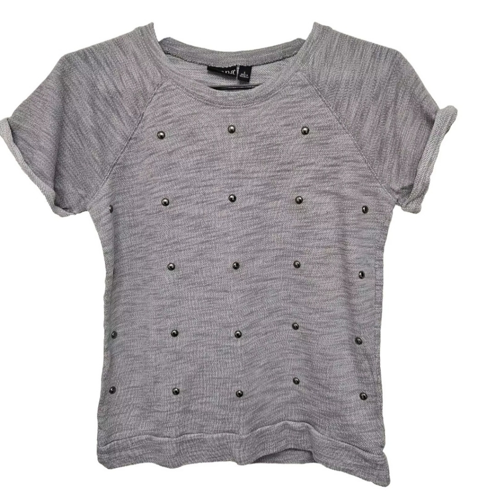 a.n.a A New Approach Soft Knit Gray Studded Top with Rolled Short Sleeves Size S